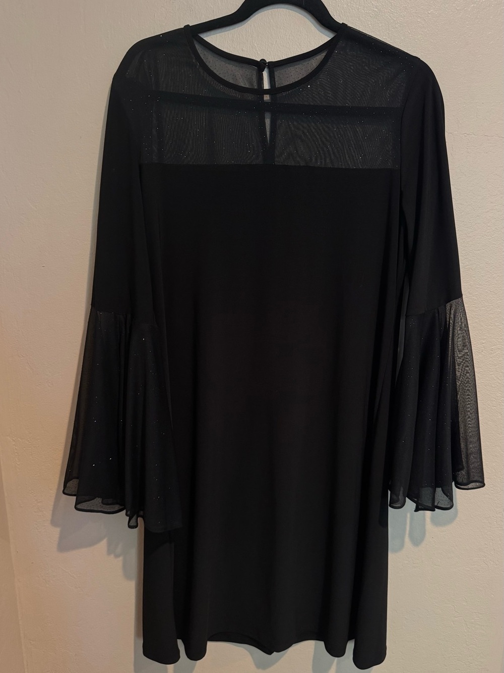 Black Sheer Sparkle Yoke Midi Dress W/Sheer Bell Sleeves, Witchy Vibes Size L